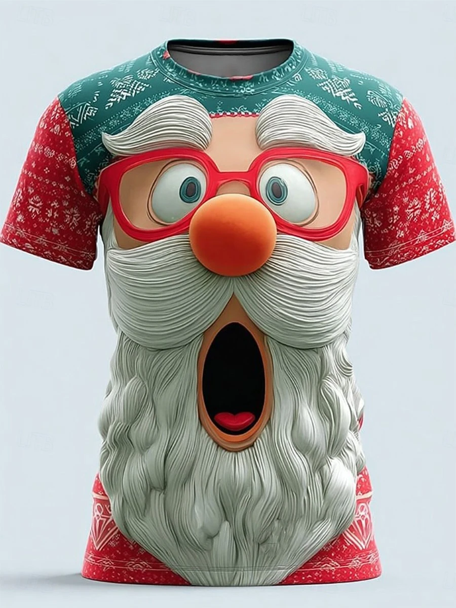 Christmas Theme Men's Short Sleeve Funny Santa Claus Pattern T-shirt 3D Print Tee Party Tops Autumn Winter Indoor Casual T Shirt