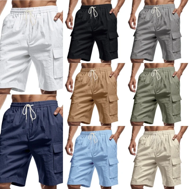 

Мужские летние новые повседневные шорты из хлопка и льна 2025 года — модные свободные и спортивные льняные однотонные рабочие шорты с множеством карманов.
