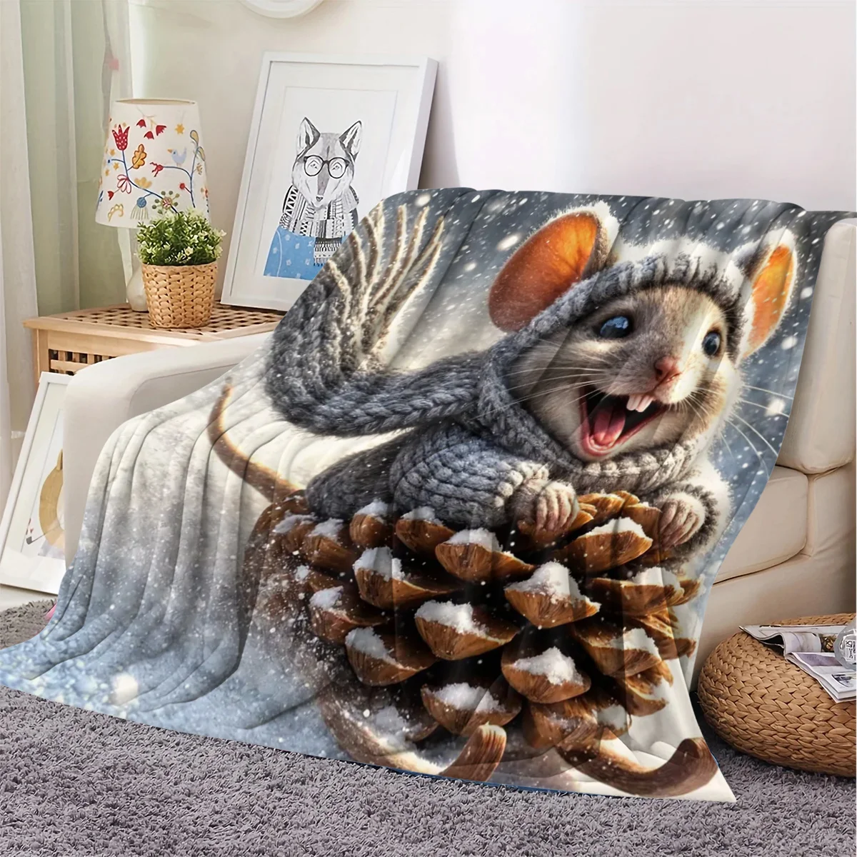 A Soft And Warm Fleece Blanket Featuring a Happy Mouse Design, Perfect for Use on The Sofa, for Home Relaxation, As an Air Condi
