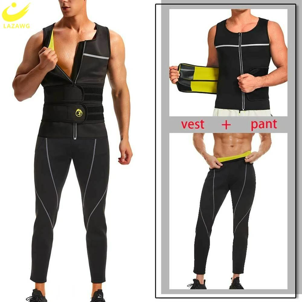 

LAZAWG Men Sauna Set Neoprene Vest Waist Trainer Pants for Weight Loss Fitness Sweat Suit Shirt Belt Body Shaper Slimming