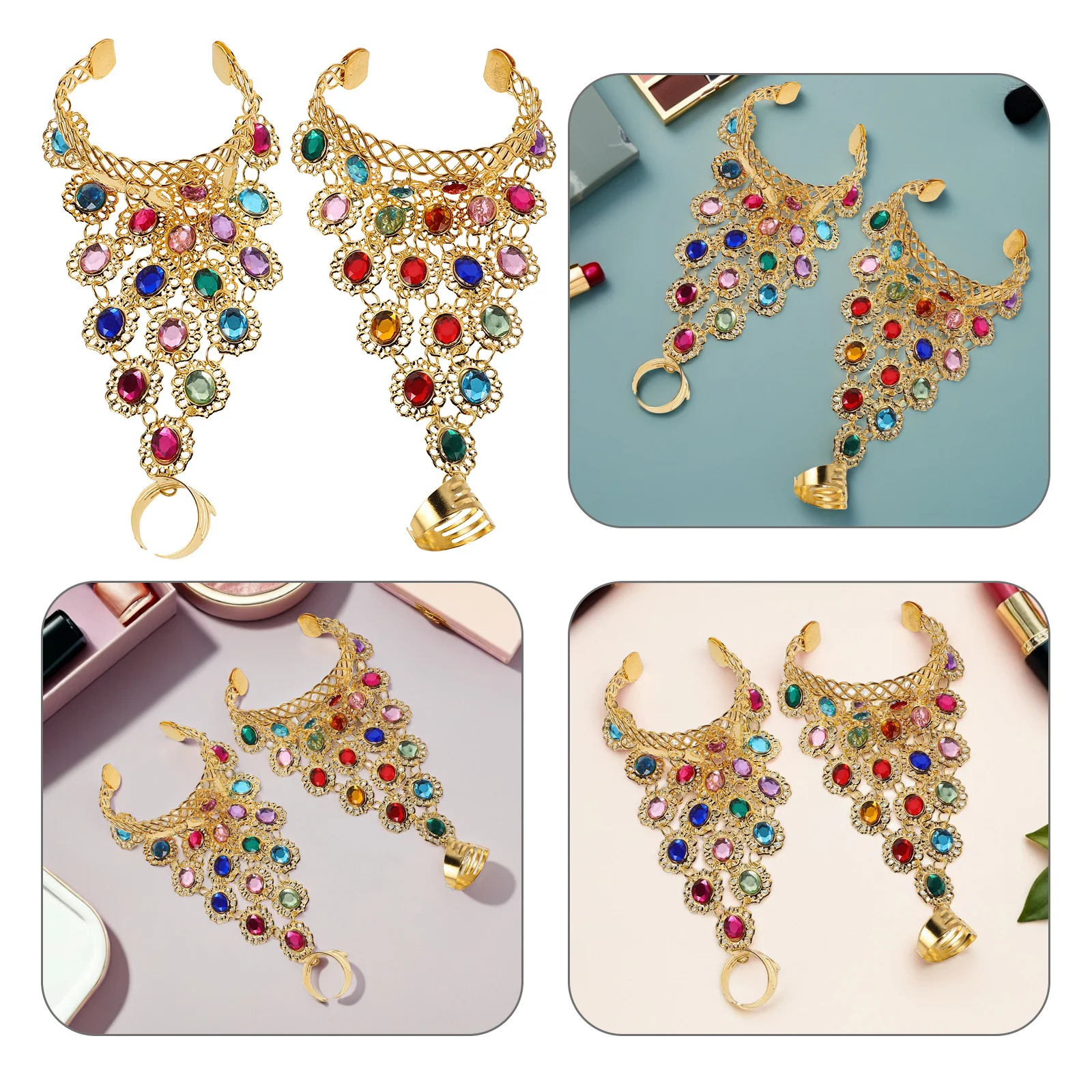 

1 Pair Belly Dance Bracelet Rhinestone Hand Chain Finger Ring Set For Women Stage Performance Party Accessory Costume Jewelry