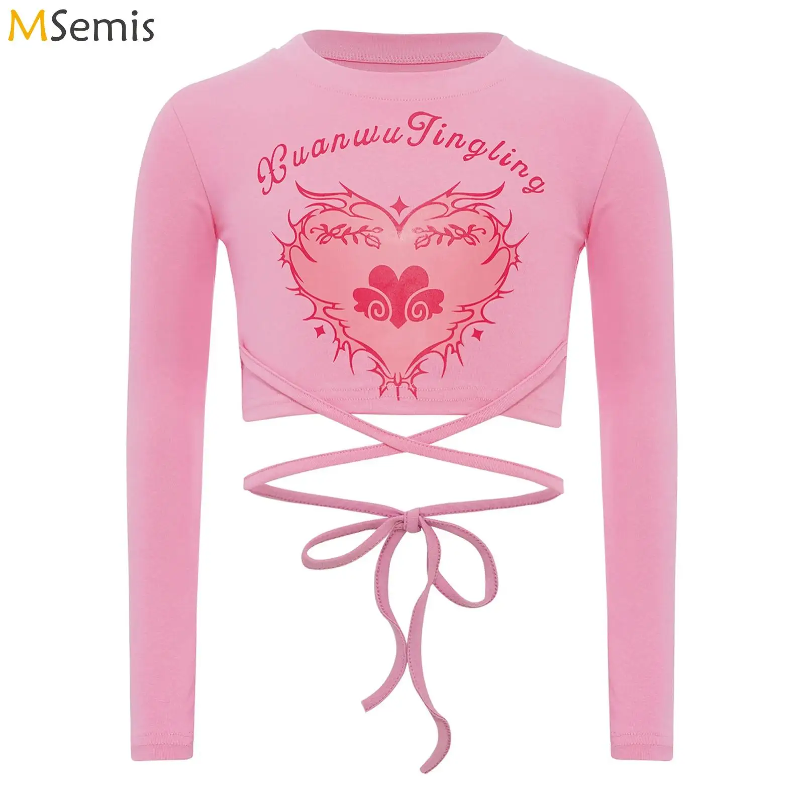 

Детский костюм для выступлений в стиле хип-хоп для девочек, джазовый танцевальный костюм на шнуровке, укороченный топ с принтом сердца и круглым вырезом, футболка с длинными рукавами, топы