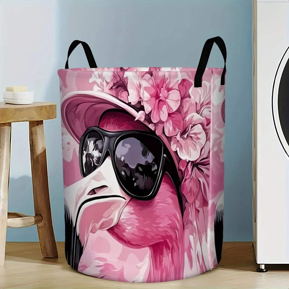 Flamingo Wearing a Hat Multipurpose Laundry Basket Handle Design Round Structure Easy Transportation Shelf Baskets