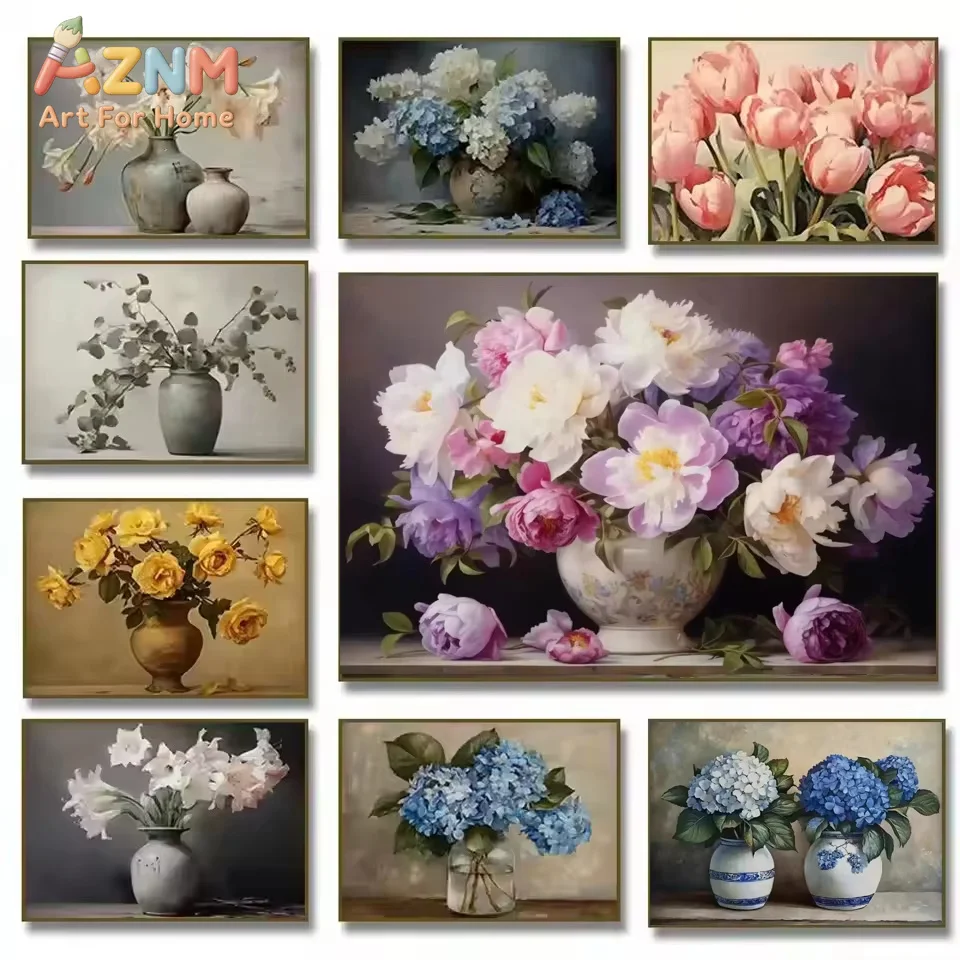AZNM Canvas Painting Vintage White Peony RoseTulips hydrangea Living Room Room Poster Home Decoration