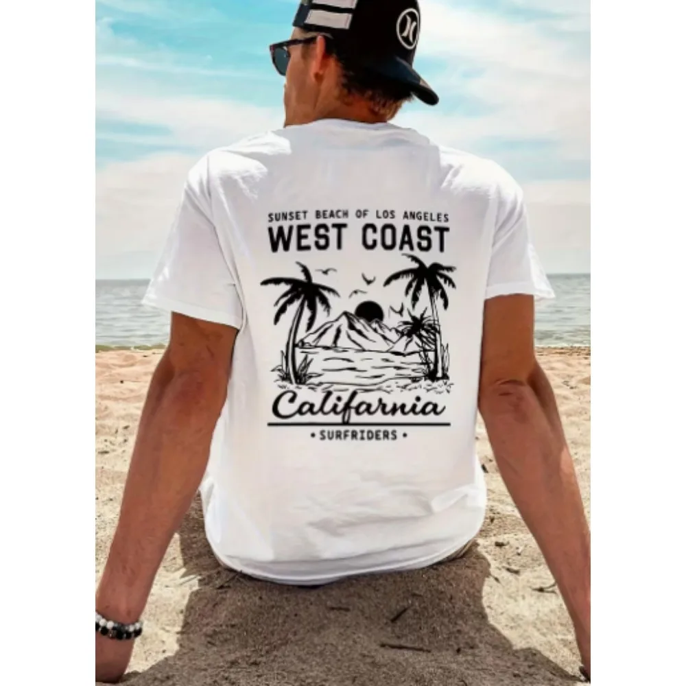 2026 New Men Casual Short Sleeve T-shirt Vintage West Coast Beach Sunset Graphic Palm Seagull Line Art Califarnia Script Font