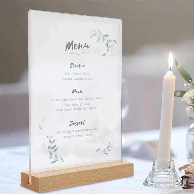 Blank Clear Table Number Signs Display Shelves Acrylic Display Stand With Wooden Base Place Card Holder For Wedding Party Paper