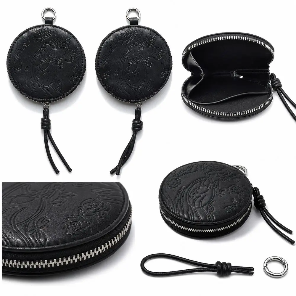 PU Leather Round Coin Purse Embossed Pattern Round Shape Zipper Coin Pouch Cord Pull Zipper Closure Small Coin Wallet
