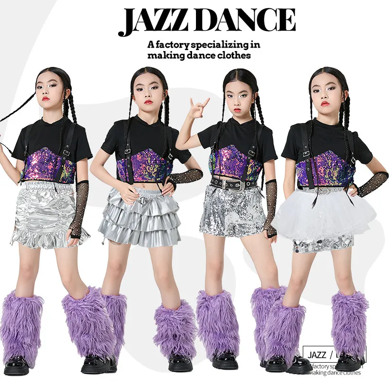 

Детские танцевальные костюмы в стиле хип-хоп для девочек, фиолетовые топы с блестками, серебряные юбки, наряды в стиле K-pop, одежда для джазовых танцев, сценическая одежда XH4171