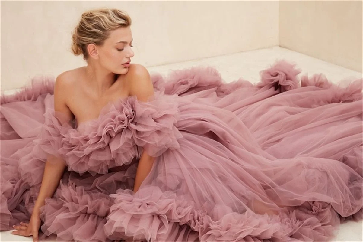 Women Party Gown Prom Dress Hi-Lo Bridal Photograph Tulle Robes Long Ruffled Fluffy Celebrity Dresses Photo Shoot Customize