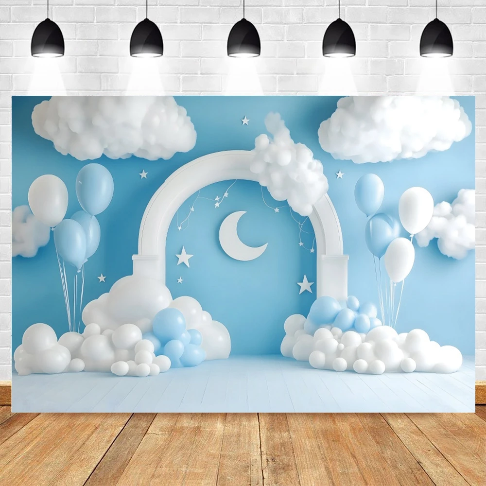 Fondo de 1er cumpleaños para recién nacido, globos, pared azul, nubes blancas, cielo, Luna, estrellas, retrato de Baby Shower, decoración de fondo para fotografía