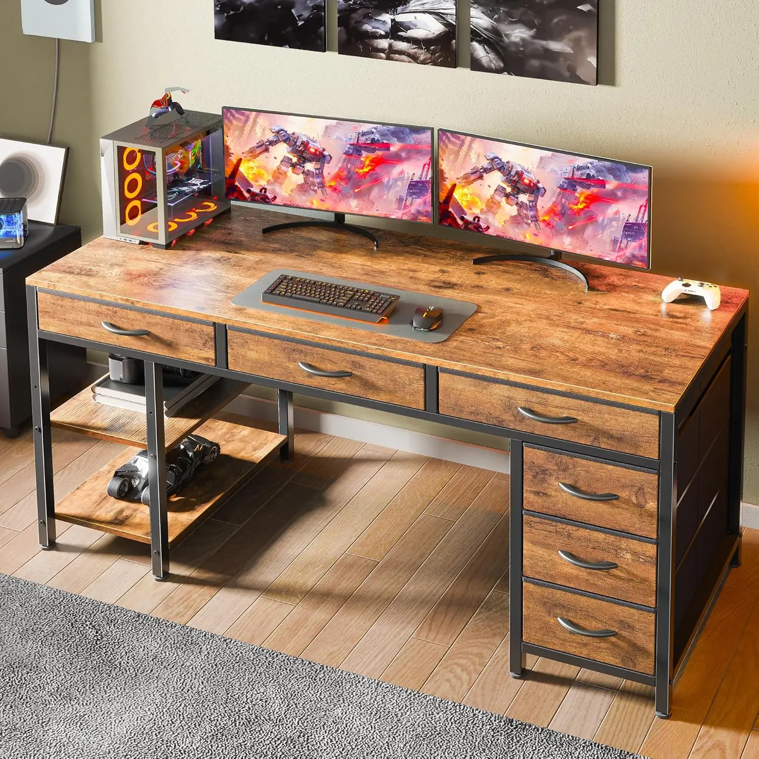 54-Inch Reversible Computer Desk with 6 Drawers and Shelves, Rustic Brown for Home Office, Gaming, or Study