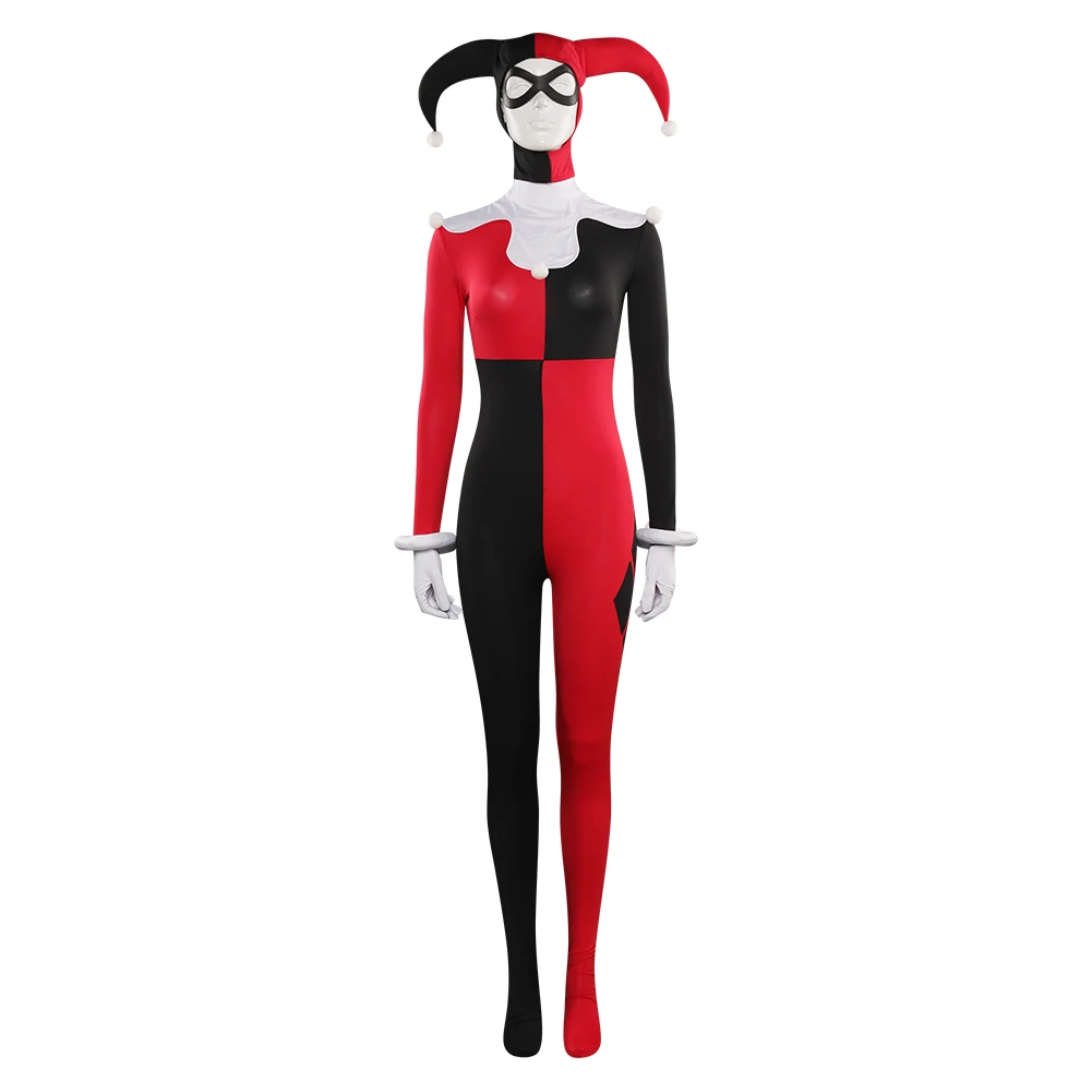 Female Quinzel Cosplay Jumpsuit Mask Costume Outfits For Adult Women Girls Halloween Carnival Suit Role Play Disguise Bodysuit