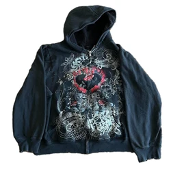 Gothic Heart Print Loose Jacket Autumn Vintage Clothes Japanese Style Emo Zip Up Sweatshirts Harajuku Cyber Grunge Y2K Hoodies