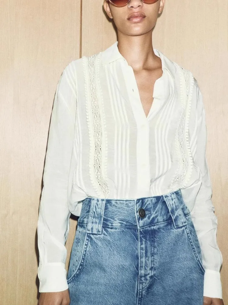 Faionable White Long Sve irt Spring Summer New Sle Women's Clothing Commute Personali Turn-down Collar Vertical Lace