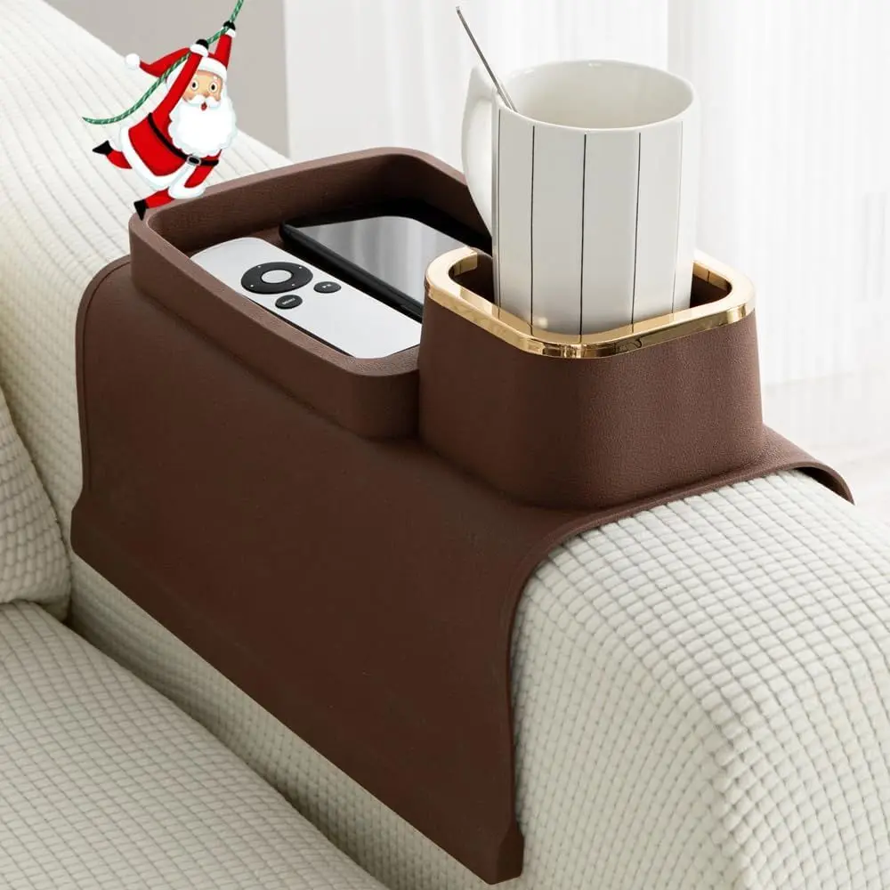 Brown Silicone Couch Cup Holder - Anti-Spill, Anti-Slip Tray for Drinks, Phones, Remotes & Snacks