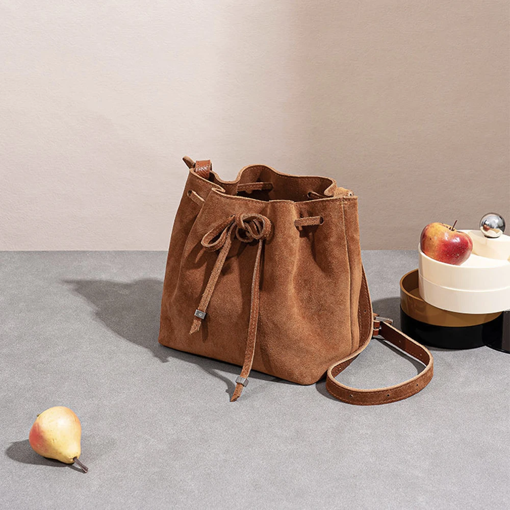 Vintage Drawstring Leather Bag bow Design Korean Bucket Bag Frosted Texture Wear-resistant Underarm Bag New