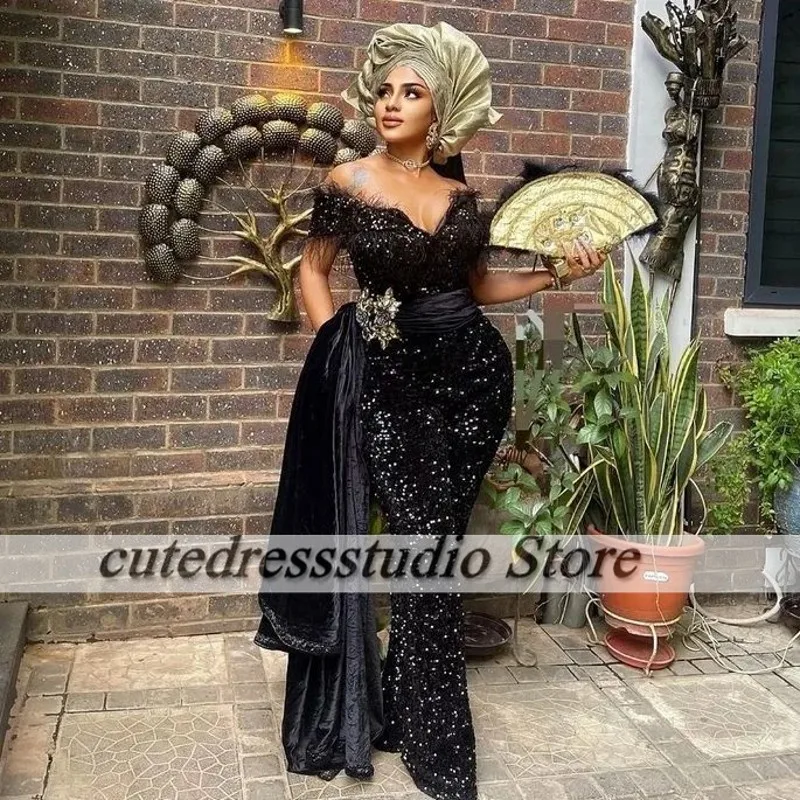 Custom Made Black Jumpsuit Evening Dresses Short Sleeves Feathers Sequin Wedding Reception Gowns Aso Ebi vestidos de gala