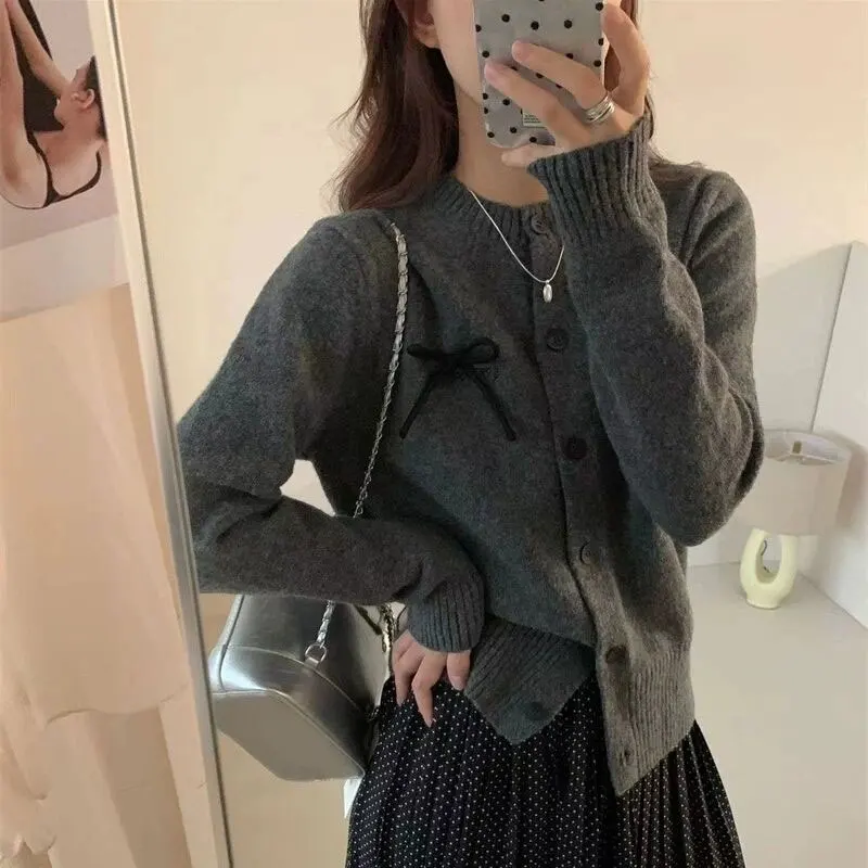 Female Clothing Gray Knitted Cardigan Basic Long Sleeve Autumn Winter New Fashion Bow Casual Round Neck Single-breasted Sweaters