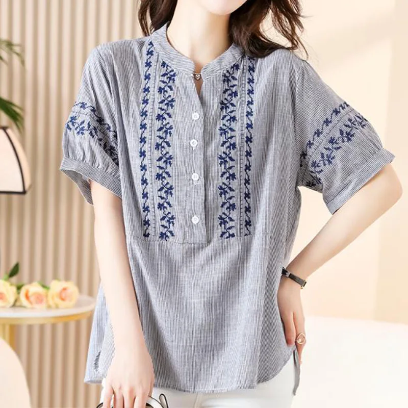 Vintage Stand Collar Pullover Top Tee 100% Cotton Summer Women's Clothing Grey Stripe Embroidery Printing Loose-fitting T-Shirt