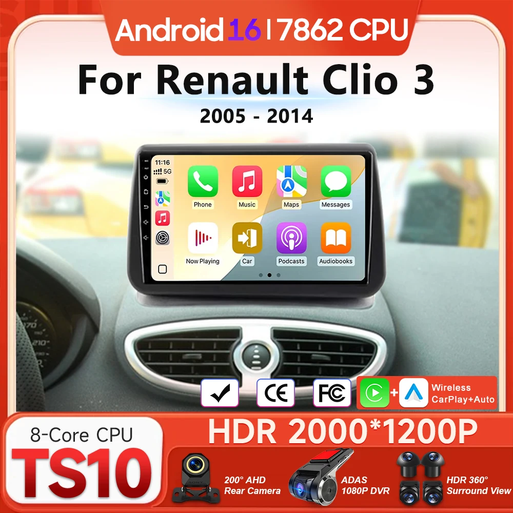 Android 16 For Renault Clio 3 2005 - 2014 Car Multimedia Player Wireless Carplay Head Unit Radio Video Stereo Navigation GPS BT