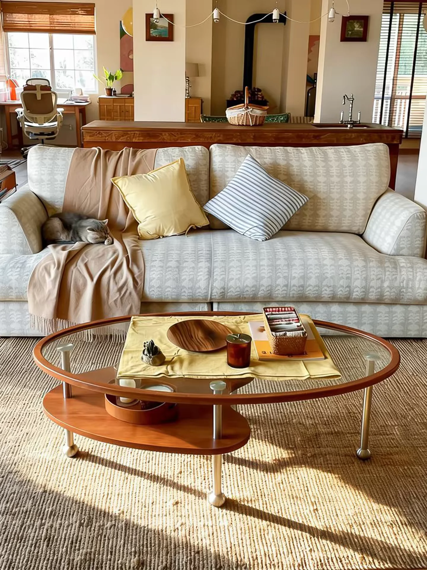 Vintage Bauhaus Style Oval Glass Coffee Table, Solid Wood 2-Tier Movable Side Table, Home Living Room Sofa End Table for Small A
