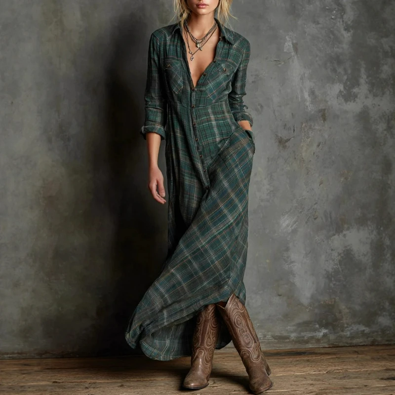 2026 Autumn New Fashion Plaid Shirt Collar Dress for Women European Style Women Clothing Elegant Long-sleeved Plaid Shirt Dress