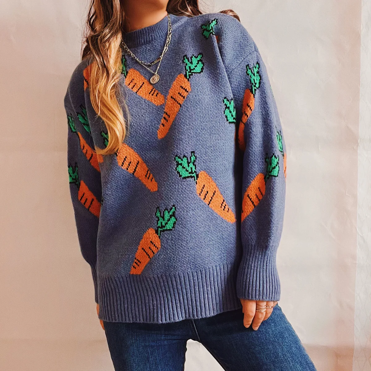 2023 Women's Casual Round Neck Long Sleeved Carrot Pattern Knitted Pullover Sweater