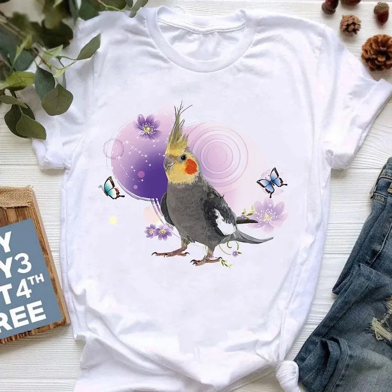 Cute Funny Parrot Bird Print Small Fresh Women's Base T-shirt Breathable Harajuku Short Sleeve Daily Aesthetic Graphic Women Tee