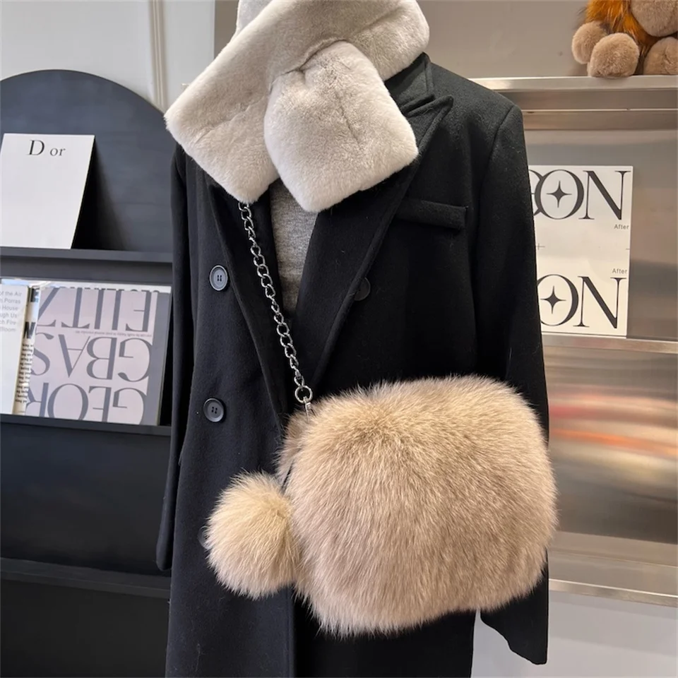 Damen Echtfell-Fuchspelz Kleine Quadratische Tasche Modische Weiche Plüsch-Handtasche Luxuriöse Crossbody-Schultertasche Flauschige Tragetasche für Frauen – Detail 16