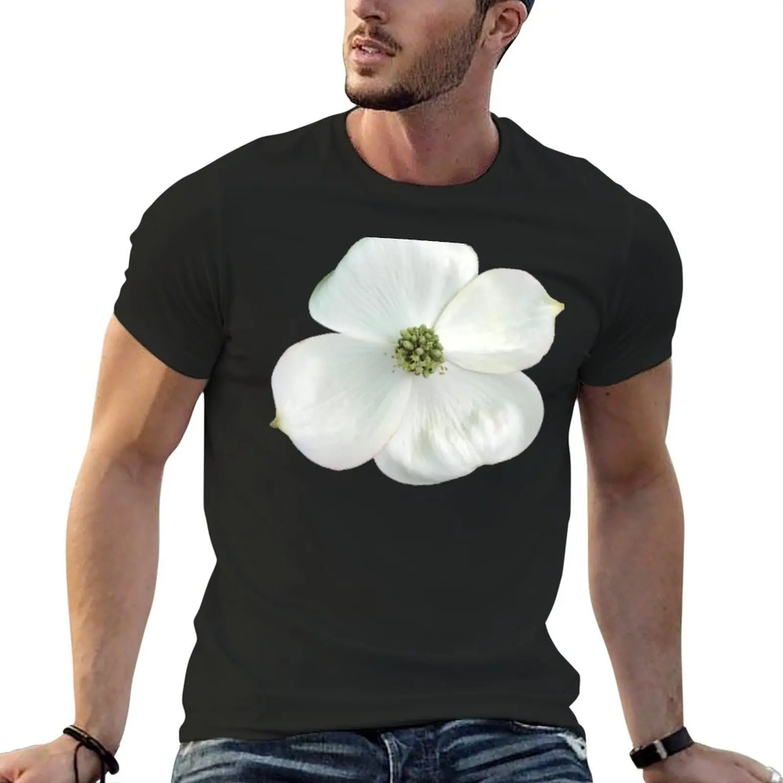 White Dogwood Flower Close-up on Soft Aqua T-Shirt oversized Aesthetic clothing blue archive mens funny t shirts