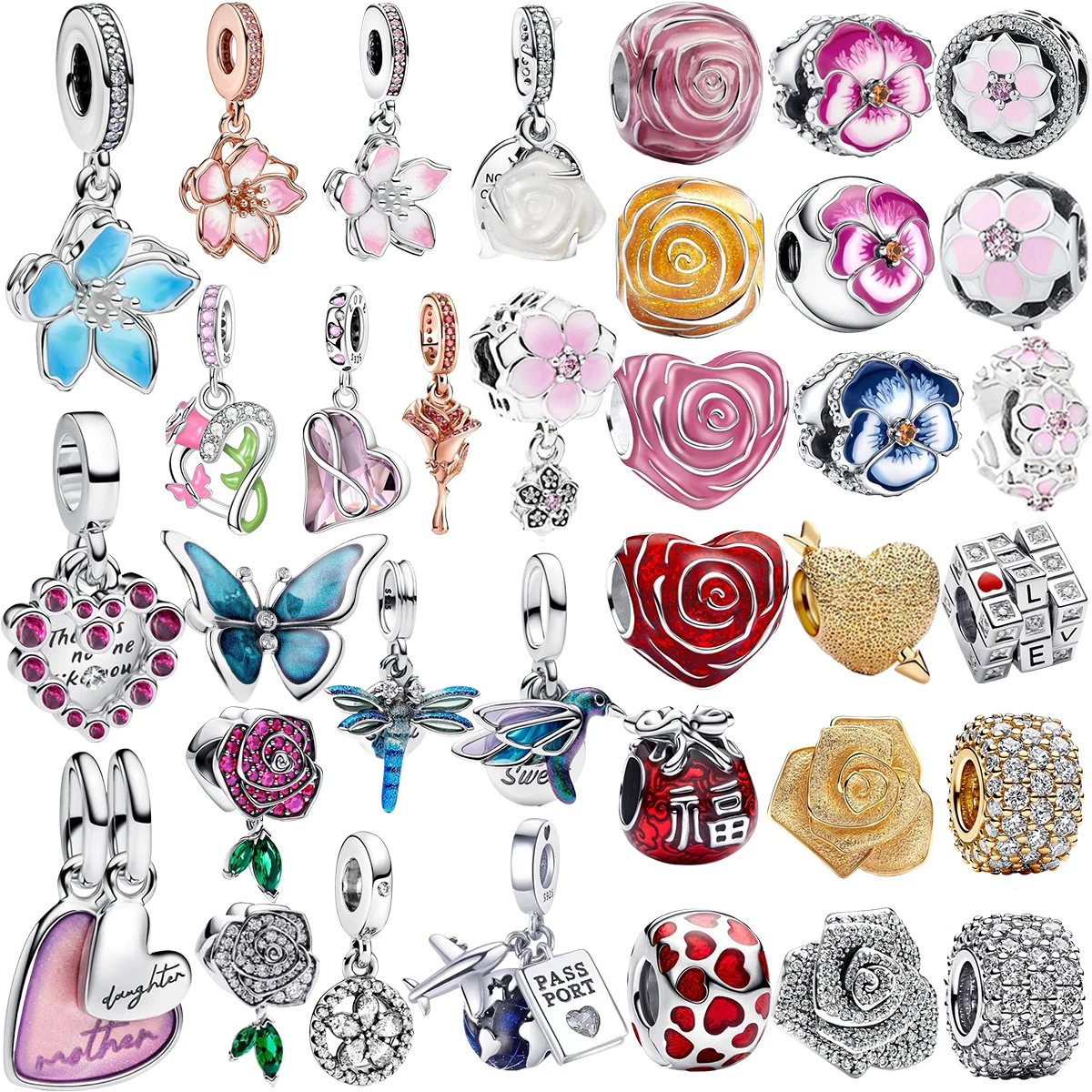 

Новый стерлингового серебра 925 пробы, синий цветок, висячий шарм, роза, сердце, цветок, бабочка, птица, бусина для ожерелья, браслет «сделай сам», ювелирные украшения