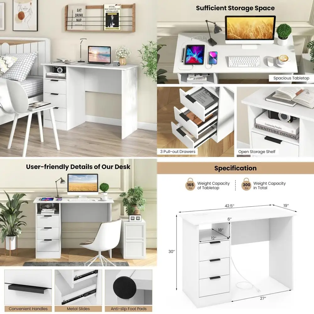 

Письменный стол с 3 ящиками и зарядной станцией для домашнего офиса, рабочий стол с открытыми полками для учебы и работы, компьютерная рабочая станция для спальни или кабинета