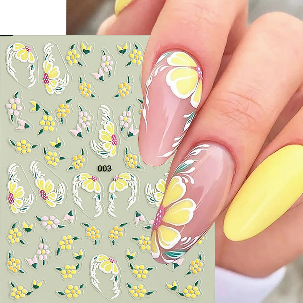 5D Embossed Flowers Nail Stickers Yellow Petal Leafs Branchs Sliders For Nail Summer Design Art Manicure Decorations NTSG-003