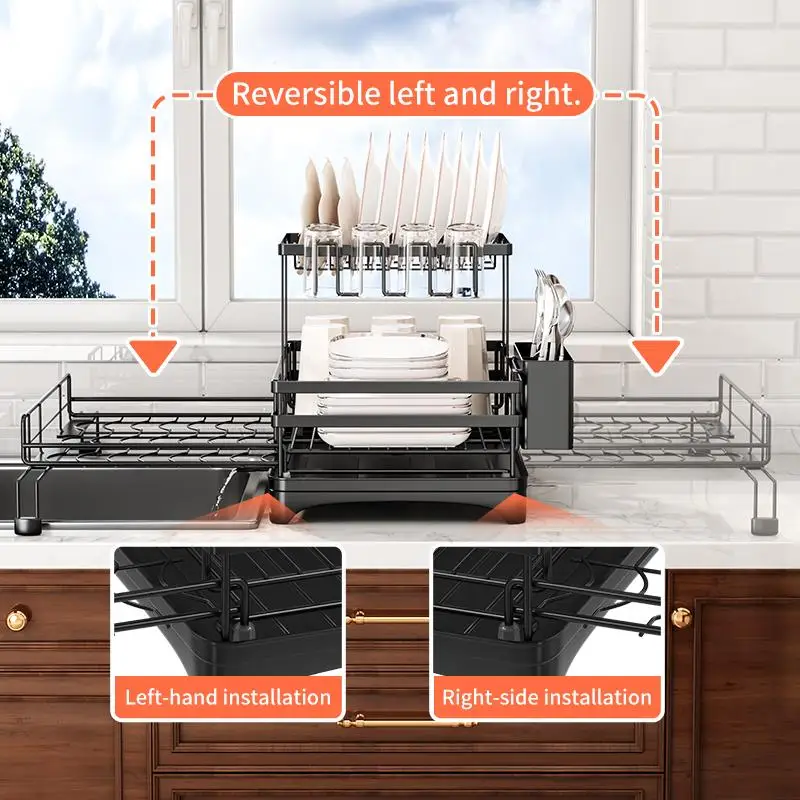 Foldable Over Sink Dish Drying Rack Pull-Out 2-Tier Dish Drainer Kitchen Organizer Storage Shelf With Utensil Holder Space Saving Washing Rack Countertop Accessories For Small Kitchens