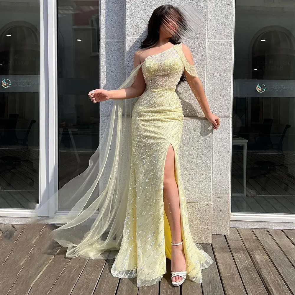 Elegant Lace Mermaid Party Gown Off The Shoulder High Split Shawl Yellow Luxury Ladies Formal Occasion Vestidos Para Mujer Gala