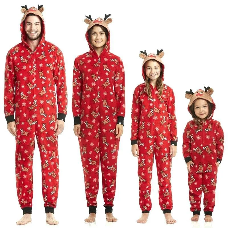 Christmas Printed Home Jumpsuits Pajamas Family Clothes Fashion Zipper Long Sleeve Elk horn Hooded Casual Rompers Xmas Outfits