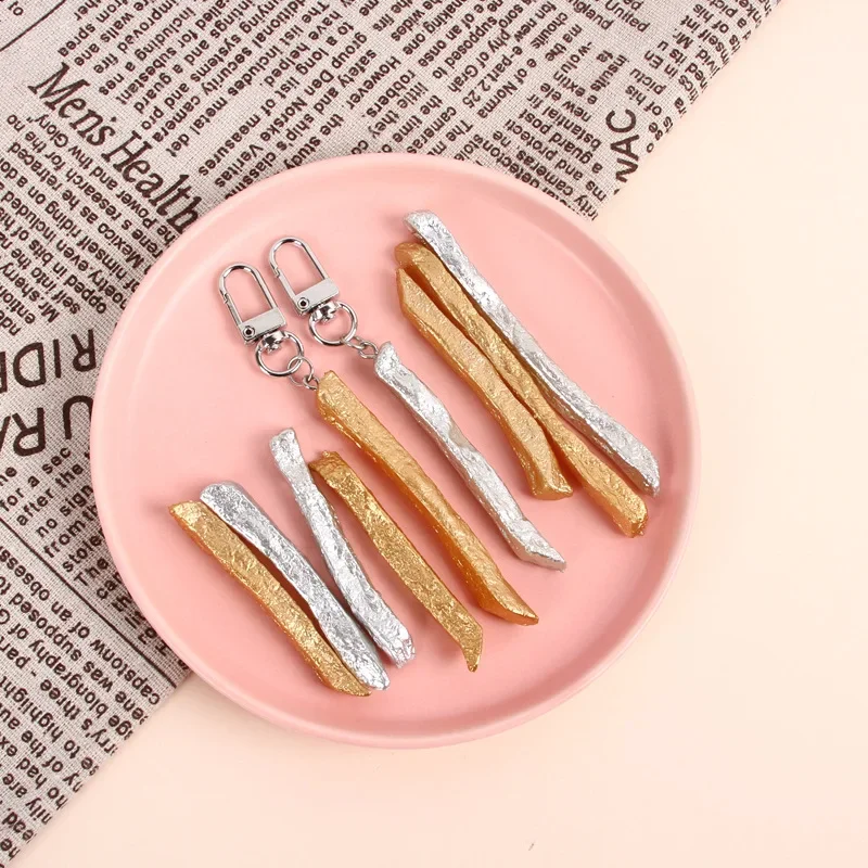 Gold Silver French Fries Keychain New Simulation Food Fun Toy Model Car Phone Bag Pendant Gift Ornament Trinket Jewelry Llaveros