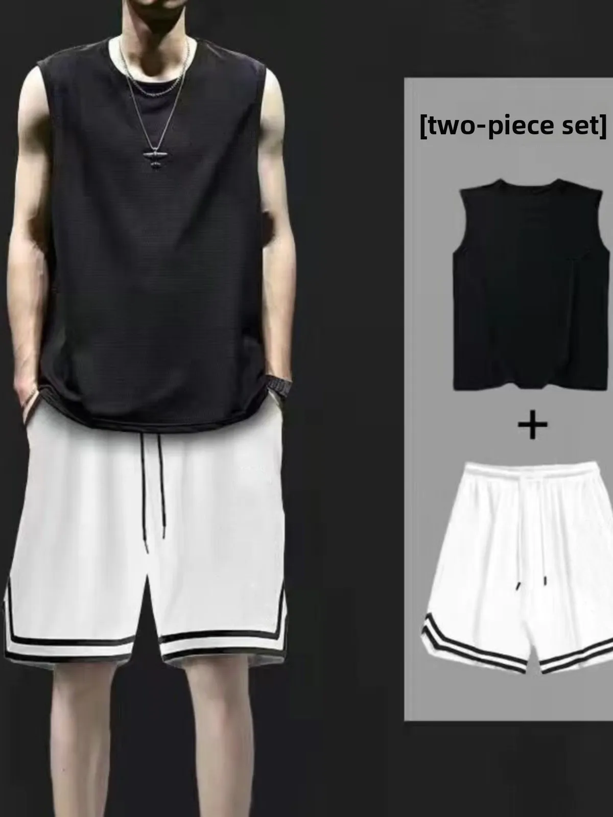 

Summer Thin Breathable Casual Sports Set Men's Wide oulder Vest T-irt Five-Quarter Pants Trendy Versatile Teenage Wear