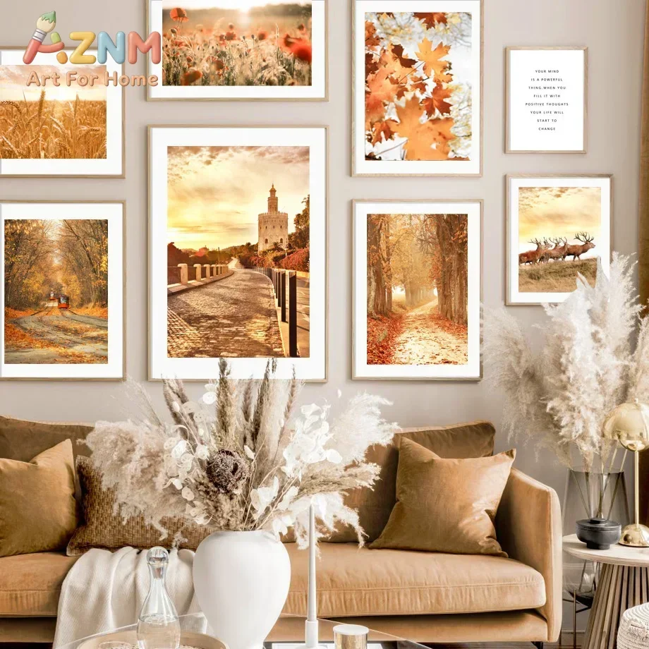 AZNM Autumn Scenery Deer Wheat Field Tower Forest Road Canvas Wall Art, Warm Fall Nature Landscape Frameless Canvas Print Poster