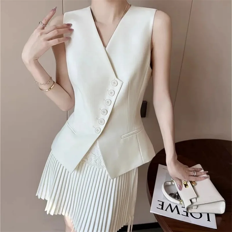 

Новый женский жилет с V-образным вырезом, приталенный, асимметричный, безрукавный, на одной пуговице, весенняя верхняя одежда