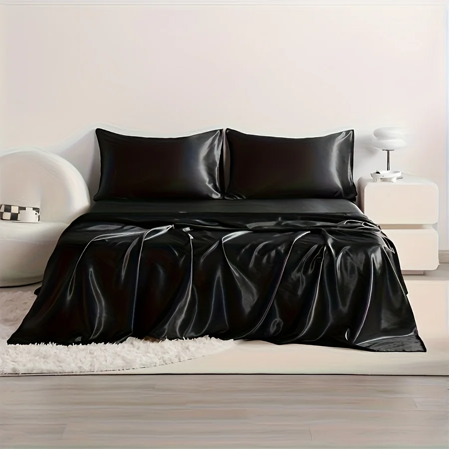 

4pcs Cooling Satin Bed Sheet Set, Shrink-Resistant, Fade-Resistant, Hypoallergenic, Breathable, Flat Sheet & Fitted Sheet & Pill