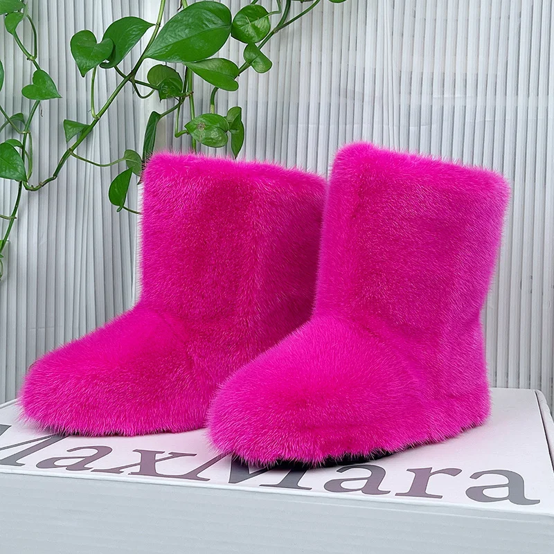 Scarpe invernali da donna in pelliccia di visone stivali di pelliccia soffice donna stivali da neve caldi in peluche scarpe da donna di lusso