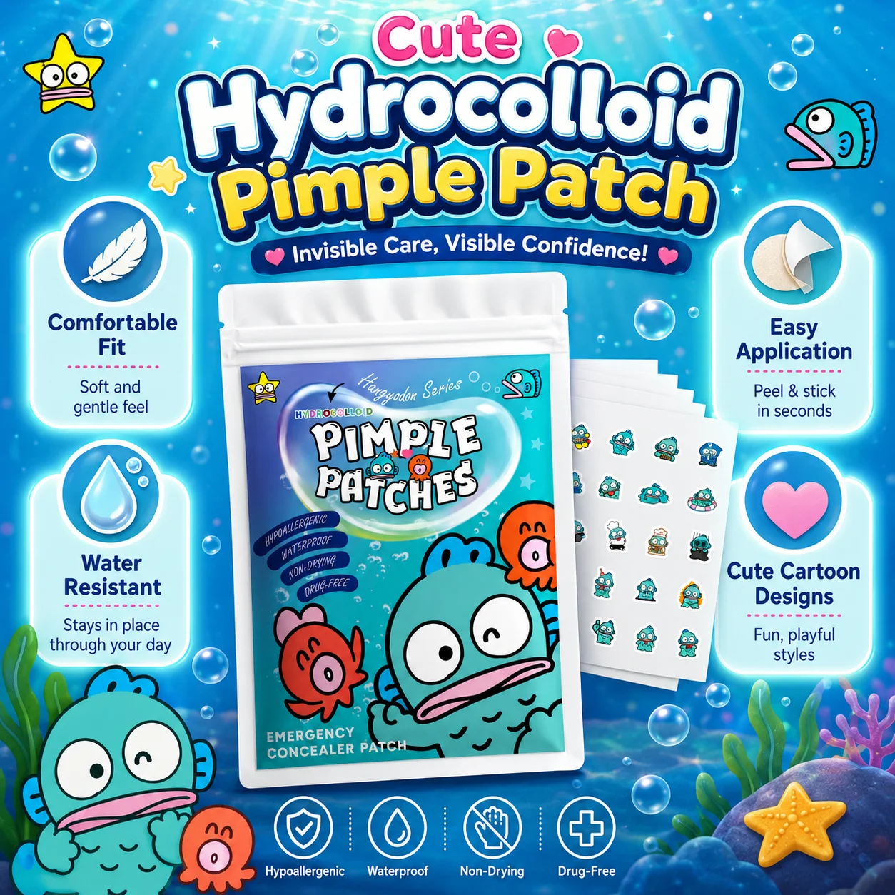 Sanrio Acne Pimple Patches, Hydrocolloid Spot Cover Stickers, Cute Face Care Patches for Daily Use