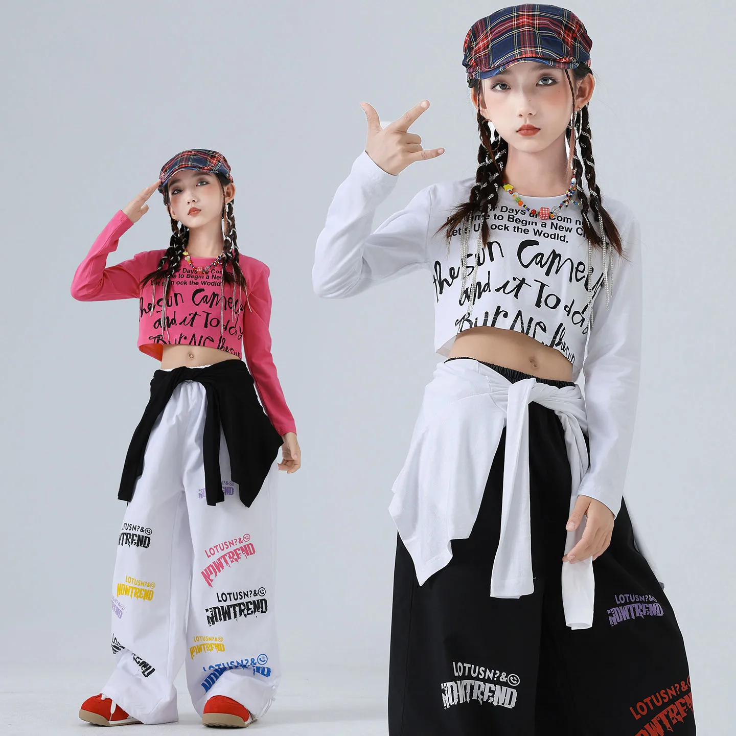 Kid Kpop Hip Hop Kleidung Rose Buchstaben Crop Langarm T-Shirt Weiß Lässige Hose mit verstellbarem Saum für Mädchen Street Dance Kostüme