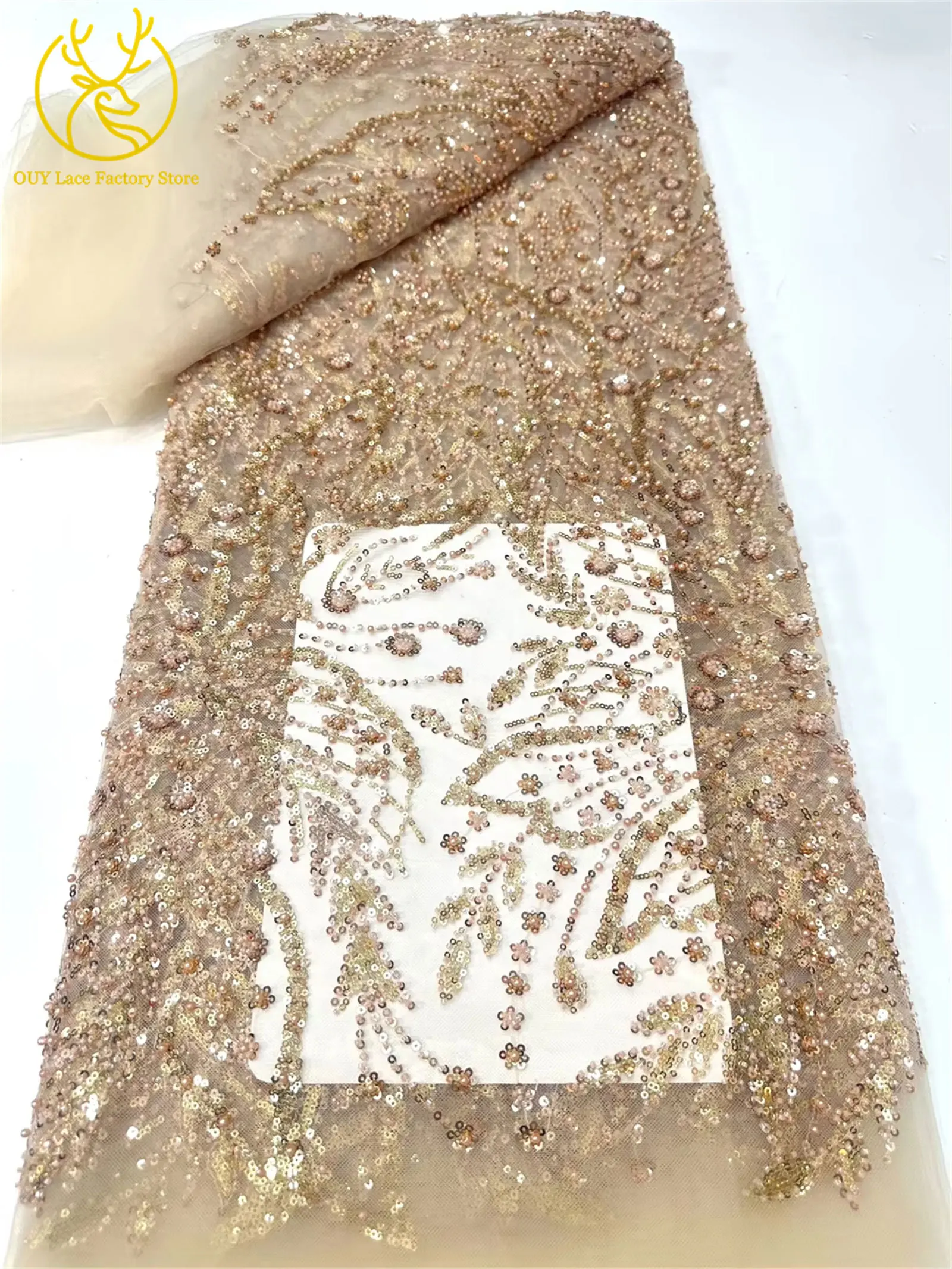Afrikanischer Spitzenstoff, 5 Yards, hochwertiger nigerianischer Spitzenstoff mit Perlen und Pailletten, französische Tüllspitze zum Nähen von Hochzeits- und Partykleidern – Detail 13