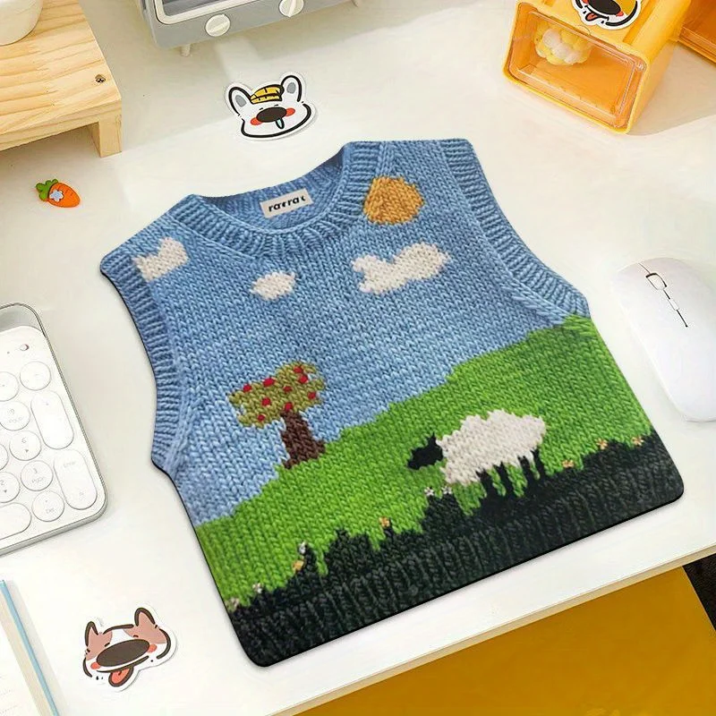 1pc schattig gebreide trui ontwerp muismat-schattige pixelboom, schapenlandschap gaming esthetiek, antislipbasis, wasbare bureaumat