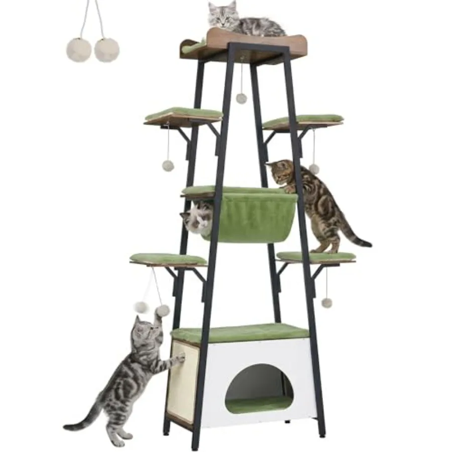 

74-дюймовая современная многоуровневая когтеточка-башня для крупных кошек с когтеточкой, большой лежанкой-гамаком и съемными подушками, цвет серый