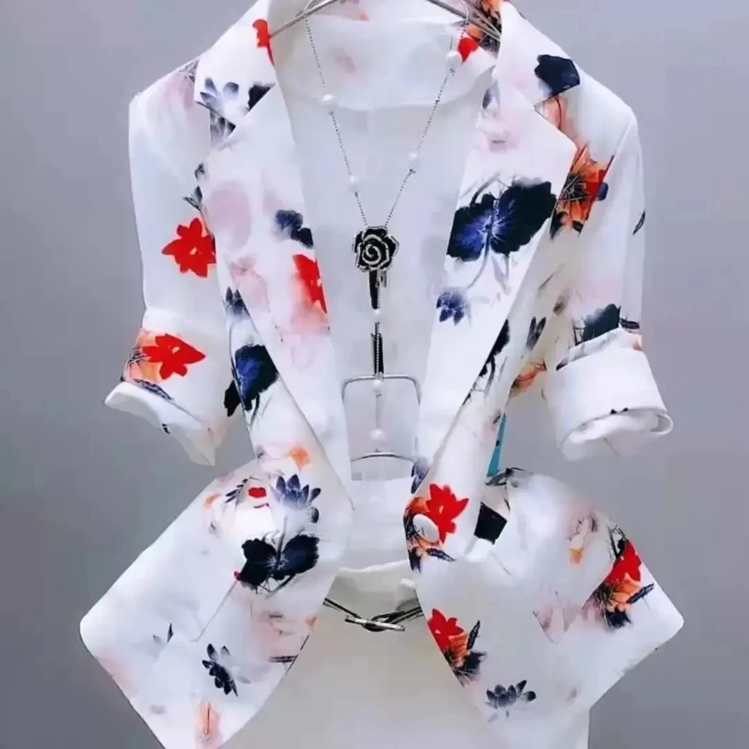 Short Print Women Blazer Coat Sun Protection 2022 New Summer Autumn Long Sleeve Cardigan Female Suit Outerwear S-3XL