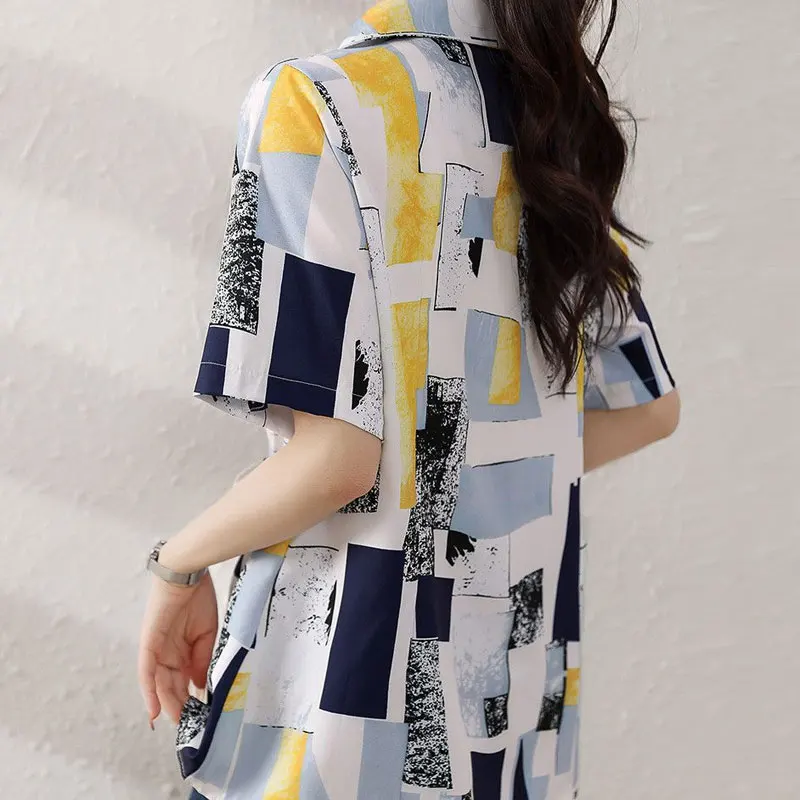 Female Clothing Geometric Spliced Printed Blouse Commute Single-breasted Summer Korean Drawstring Waist Casual All-match Shirt