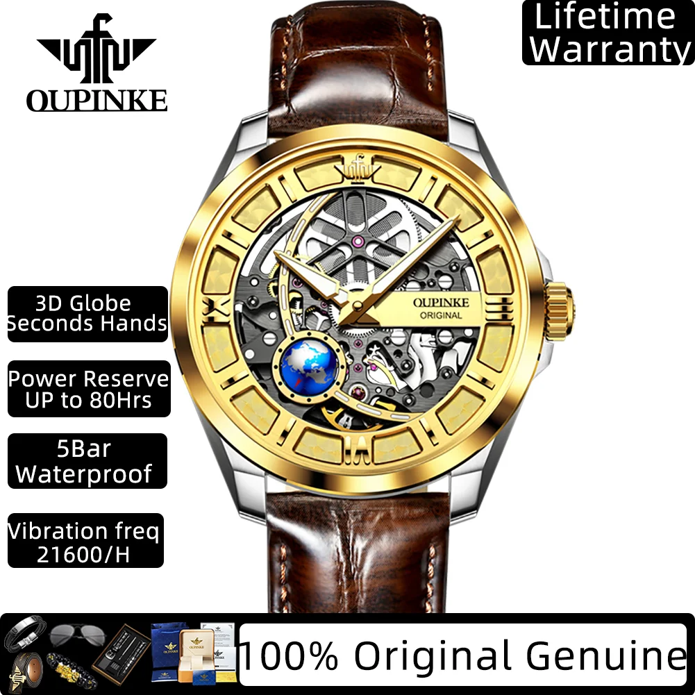 

OUPINKE полностью полые мужские часы, модные 3D Globe Seconds Hands Design, роскошные оригинальные автоматические механические часы для мужчин 3268